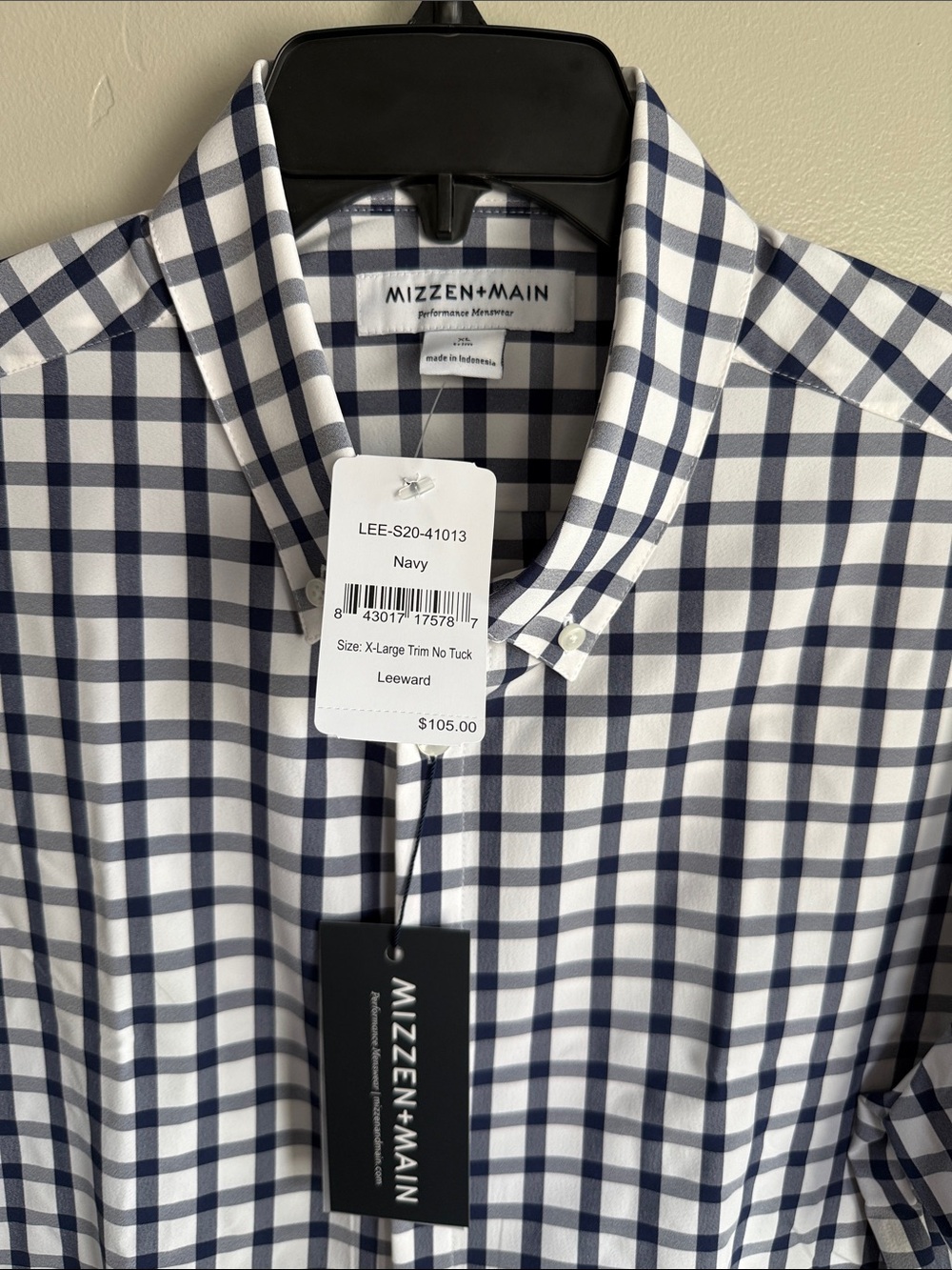 NWT: Mizzen+Main Navy & White Windowpane Performance Dress Shirt (slim, XL)